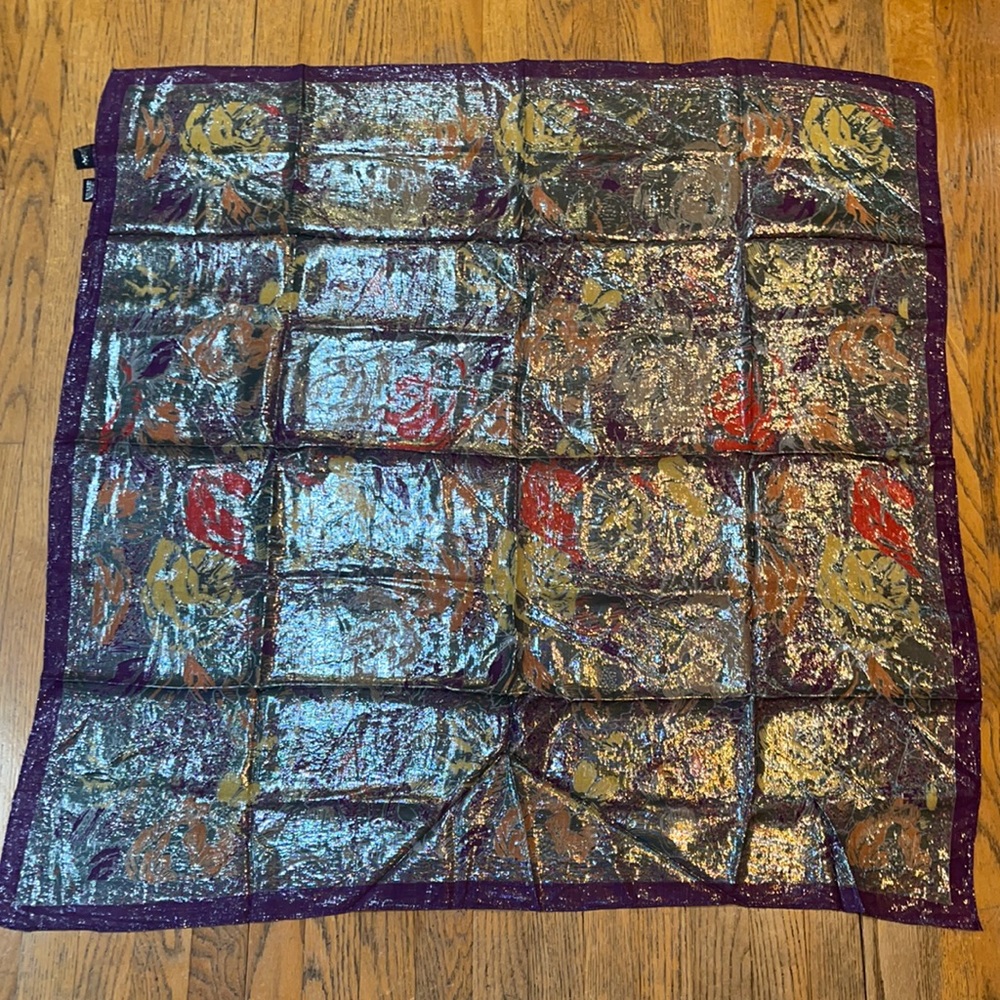 40” square shimmer scarf. Large floral print.